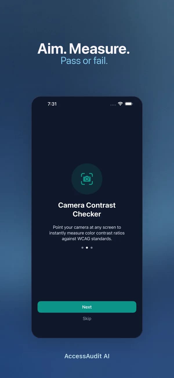 The AccessAudit AI camera contrast checker, which measures text against its background