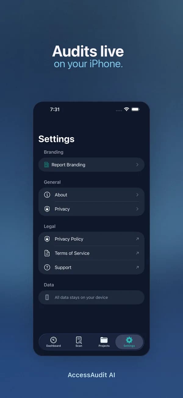 AccessAudit AI settings with report branding, privacy policy and support