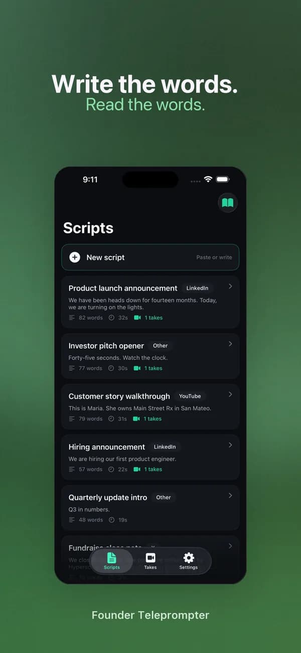 Founder Teleprompter scripts list: a product launch announcement, an investor pitch opener and more