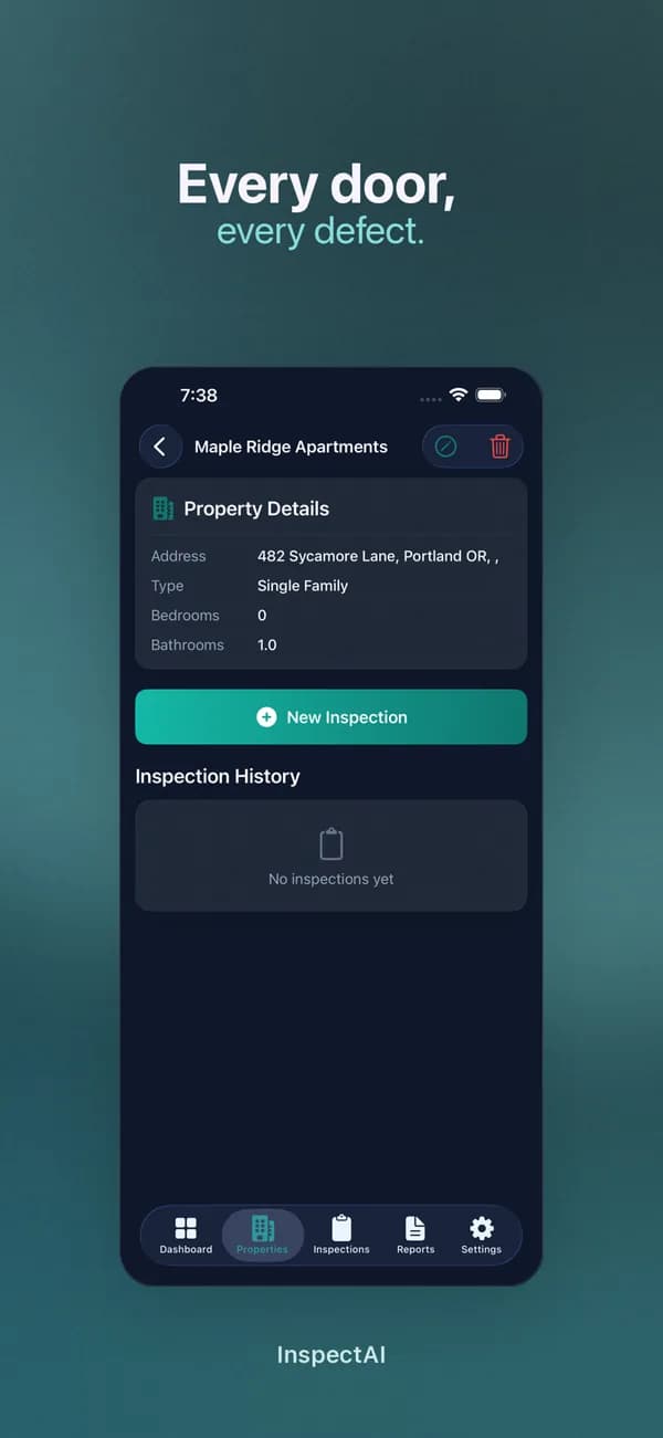 InspectAI property details for a rental, with a New inspection button