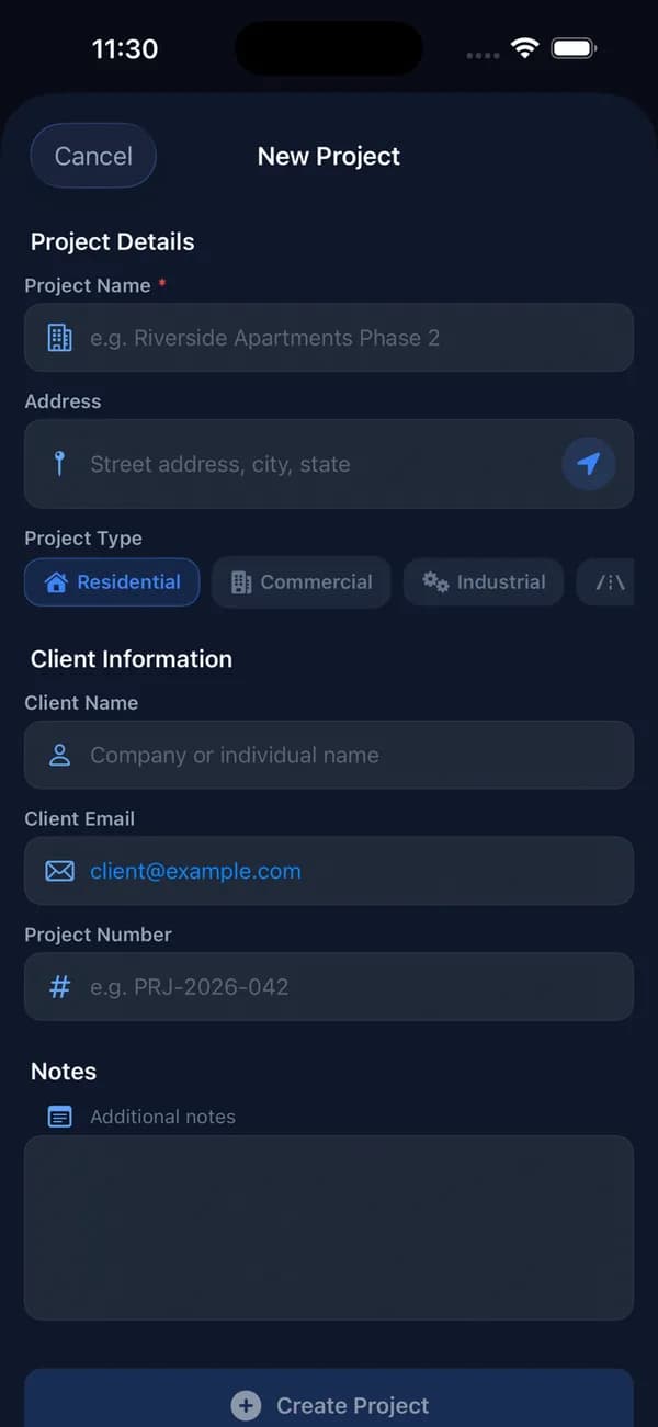 OnsiteAudit new project form: project name, address, project type and client details