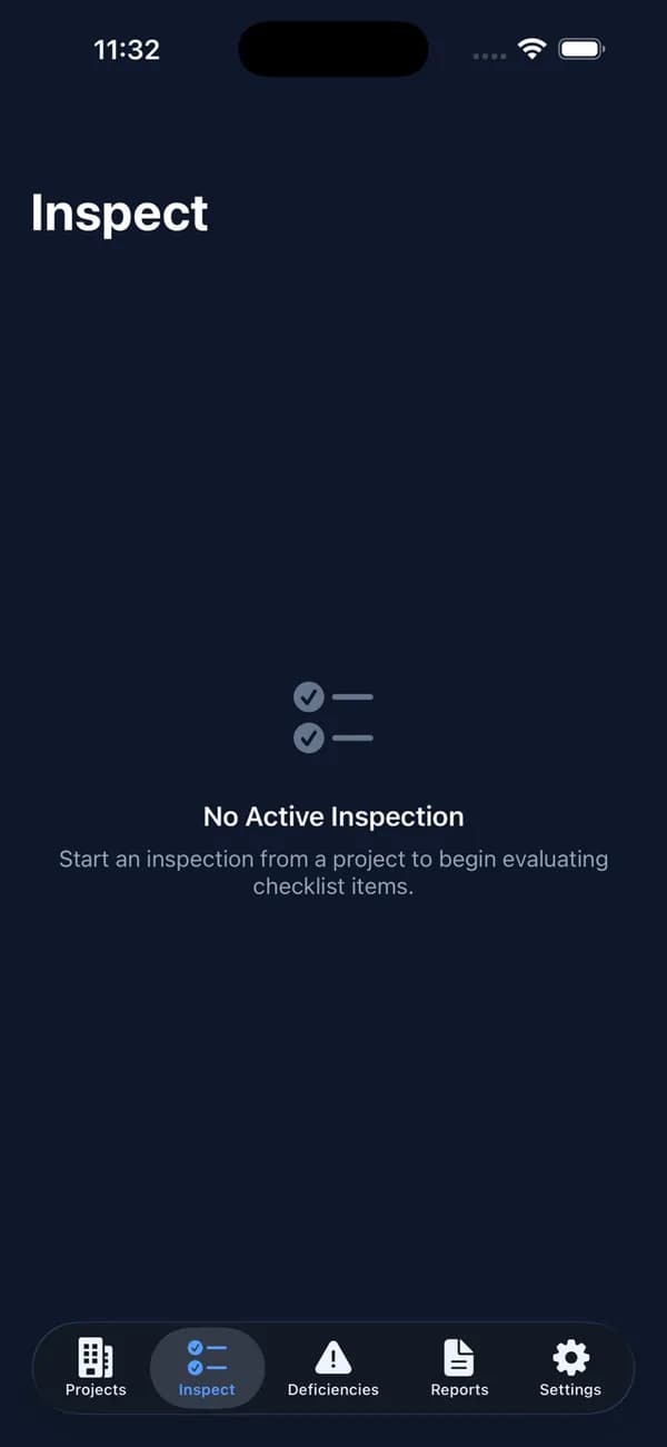 The OnsiteAudit inspect screen before an inspection starts