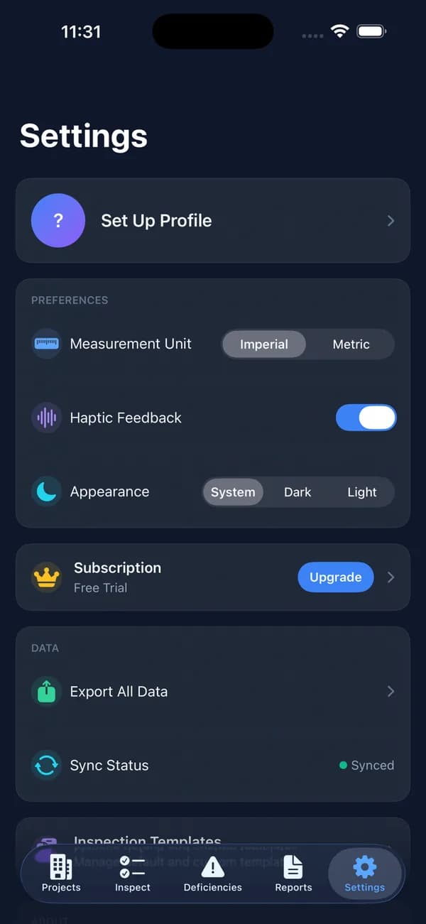 OnsiteAudit settings: measurement units, appearance, subscription and data export