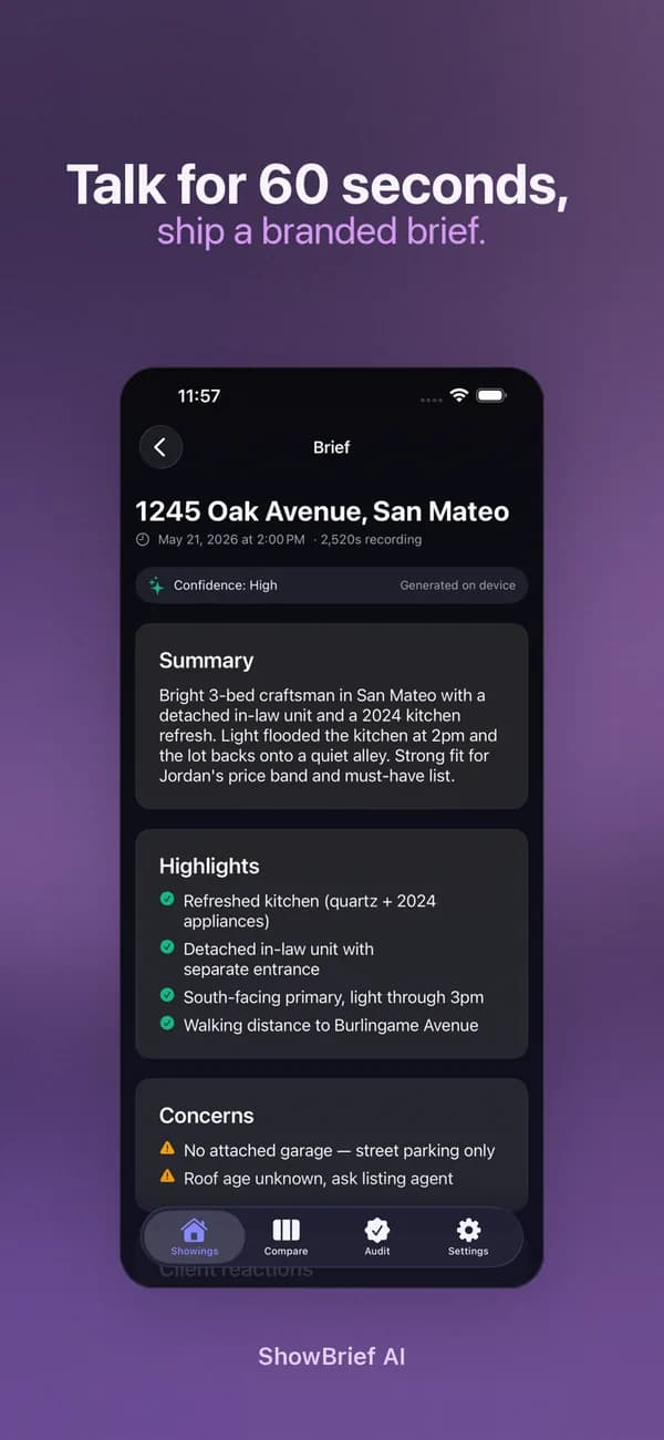 A ShowBrief AI recap for a showing at 1245 Oak Avenue: summary, highlights and concerns