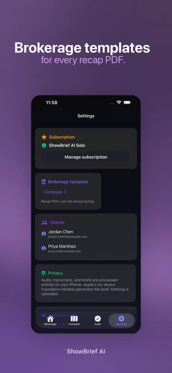ShowBrief AI settings with brokerage templates and clients