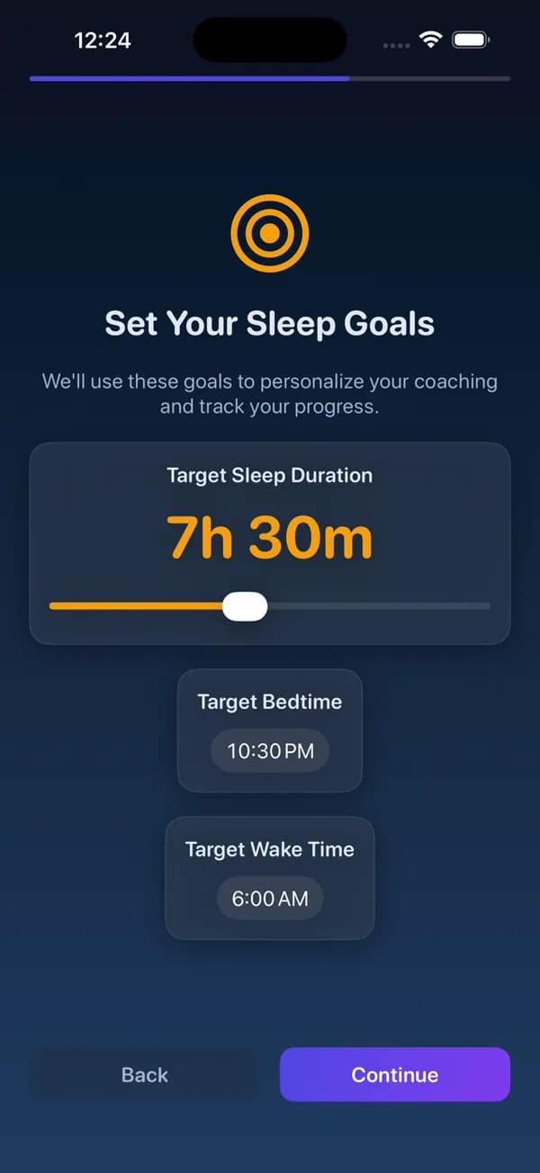 SleepArchitect setup: a sleep goal of 7 hours 30 minutes with a target bedtime and wake time