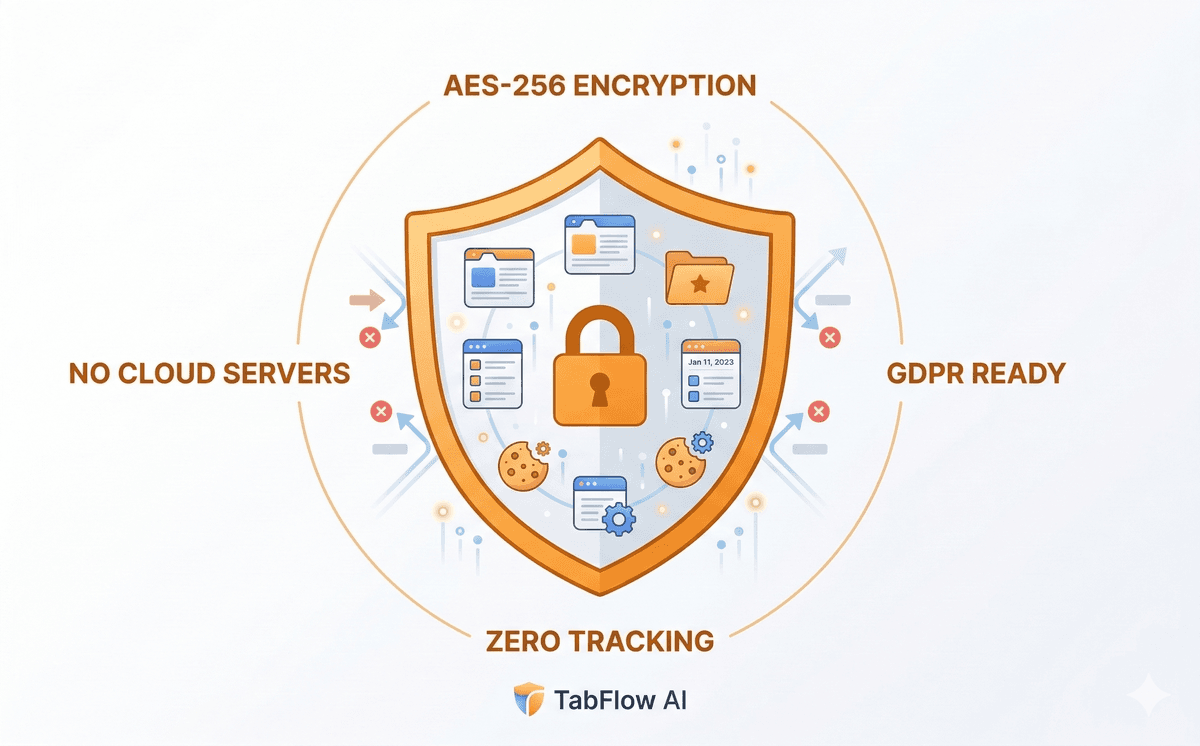 Shield icon showing AES-256 encryption, no cloud servers, GDPR ready, and zero tracking — all data stays local