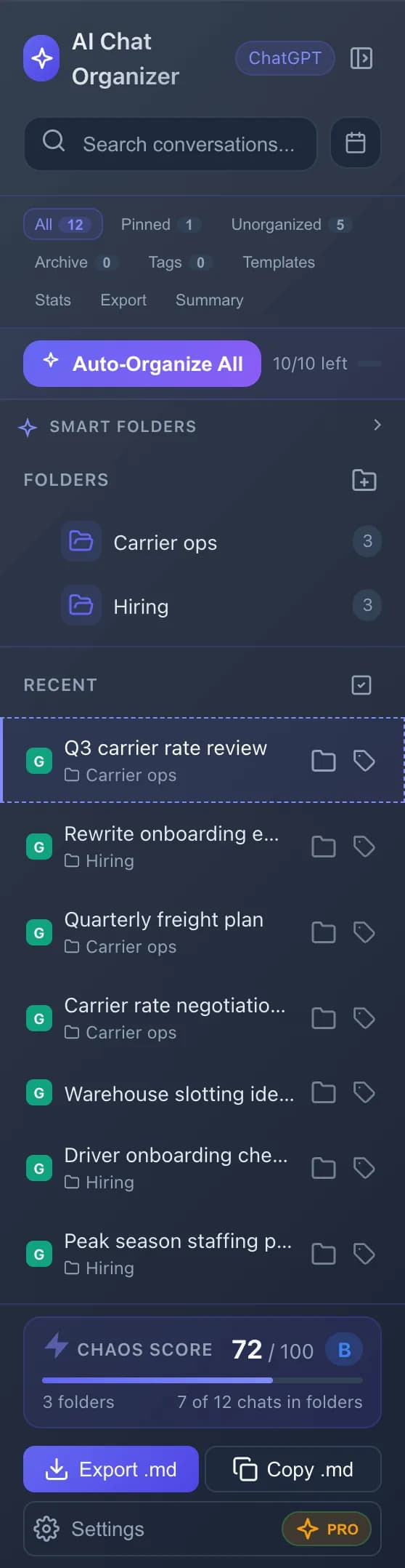 The AI Chat Organizer panel on the free plan with folders, recent chats, the chaos score and Markdown export