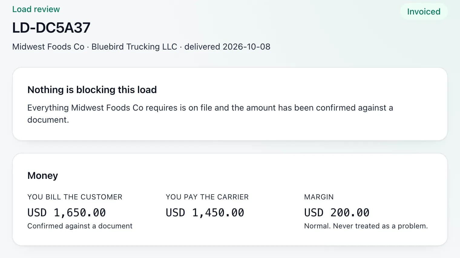 Bill-ready load marked Invoiced with nothing blocking it