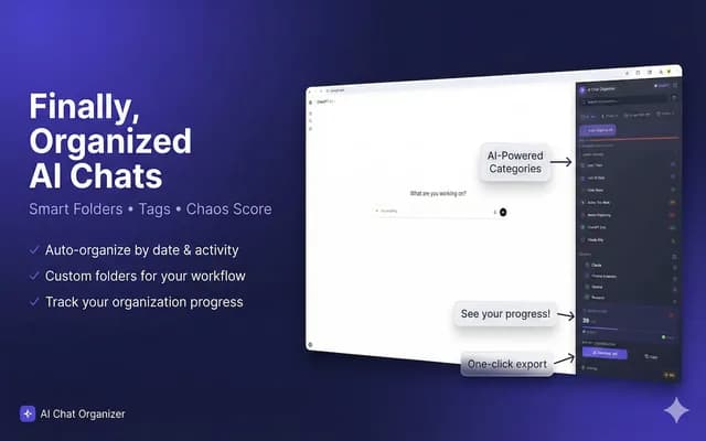 The AI Chat Organizer panel beside a chat page, with smart folders, tags, a chaos score and one-click export
