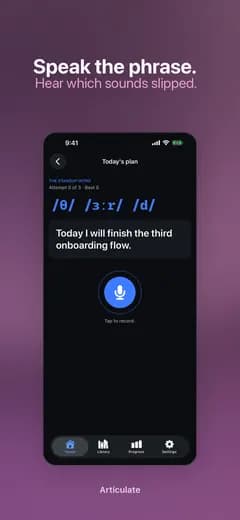 An Articulate drill: a phrase shown with its sounds, and a button to record yourself saying it