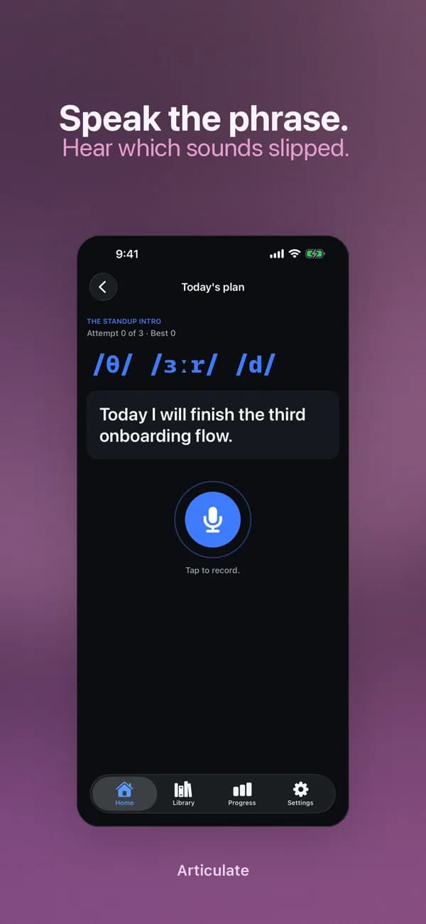 An Articulate drill: a phrase shown with its sounds, and a button to record yourself saying it