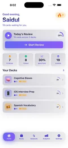 CardCraft AI home screen: today's review of 19 cards across 3 decks, a 7 day streak and the deck list