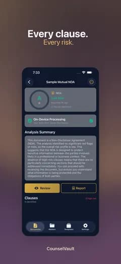 CounselVault reviewing a sample mutual NDA: an analysis summary and the clauses found