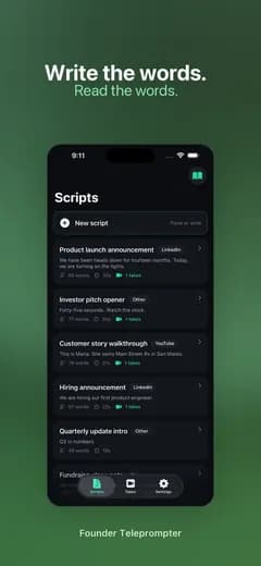 Founder Teleprompter scripts list: a product launch announcement, an investor pitch opener and more