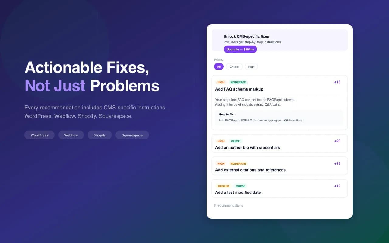GEO Copilot recommendations, each with instructions for the site's CMS