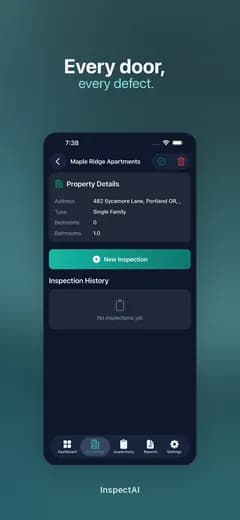 InspectAI property details for a rental, with a New inspection button