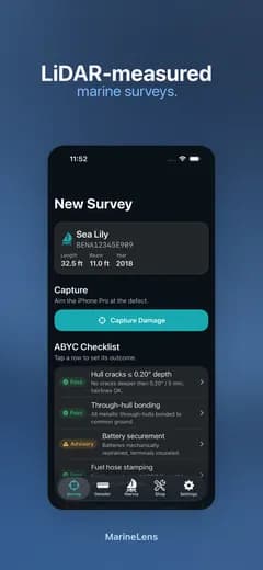 A MarineLens survey for a vessel, with damage capture and an ABYC checklist