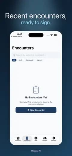 MedLog AI encounters list, ready for the first recorded encounter