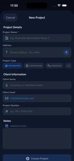 OnsiteAudit new project form: project name, address, project type and client details