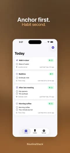RoutineStack today screen: habits stacked onto walking in the door, bedtime and the morning coffee