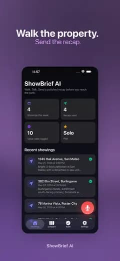 ShowBrief AI home screen with this week's showings and recent properties