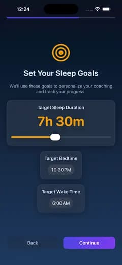 SleepArchitect setup: a sleep goal of 7 hours 30 minutes with a target bedtime and wake time