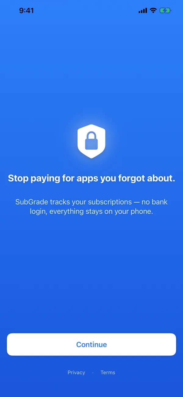 The SubGrade welcome screen: track subscriptions without a bank login