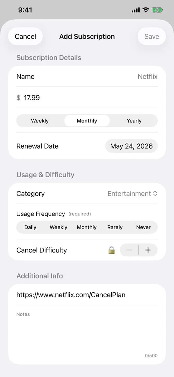 Adding a subscription in SubGrade: price, renewal date, how often you use it and how hard it is to cancel