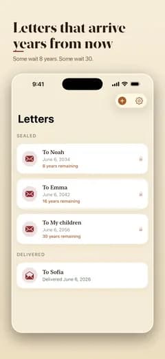 Tenderly letters list: sealed letters to Noah, Emma and the children with the years remaining, and one delivered letter to Sofia