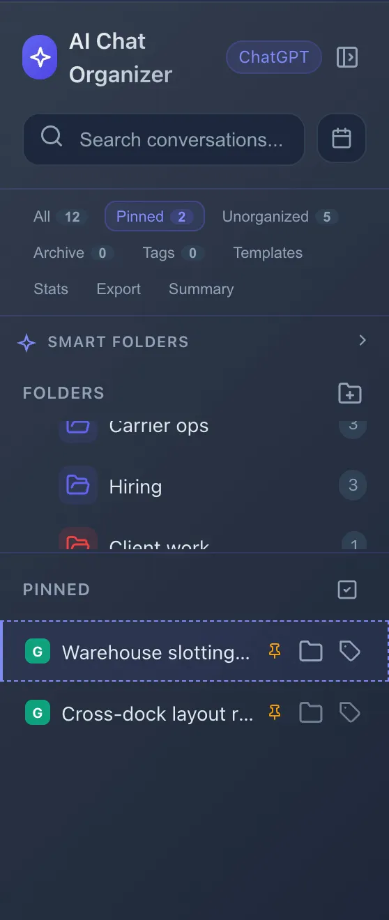 AI Chat Organizer in use on the free plan: searching chats for carrier, opening the Hiring folder and pinning a chat