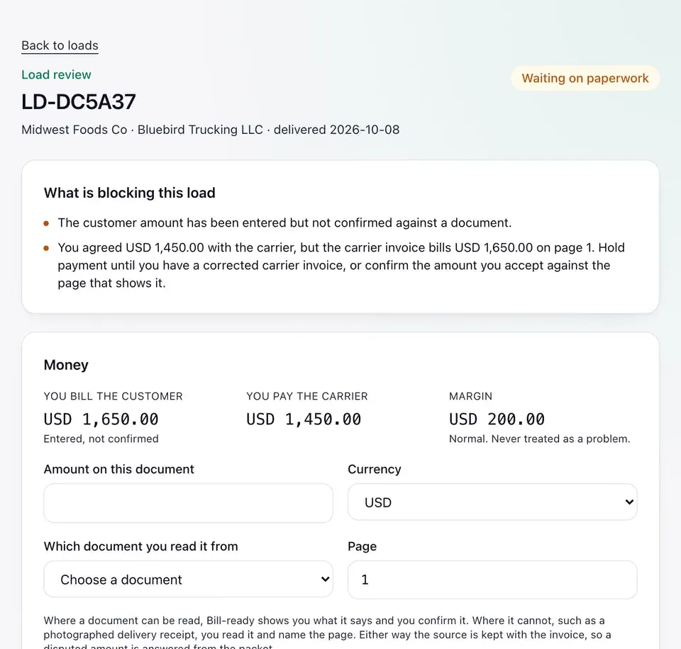 Bill-ready in use: the proof of delivery and an overbilled carrier invoice are attached, the load is blocked, then the corrected invoice clears it